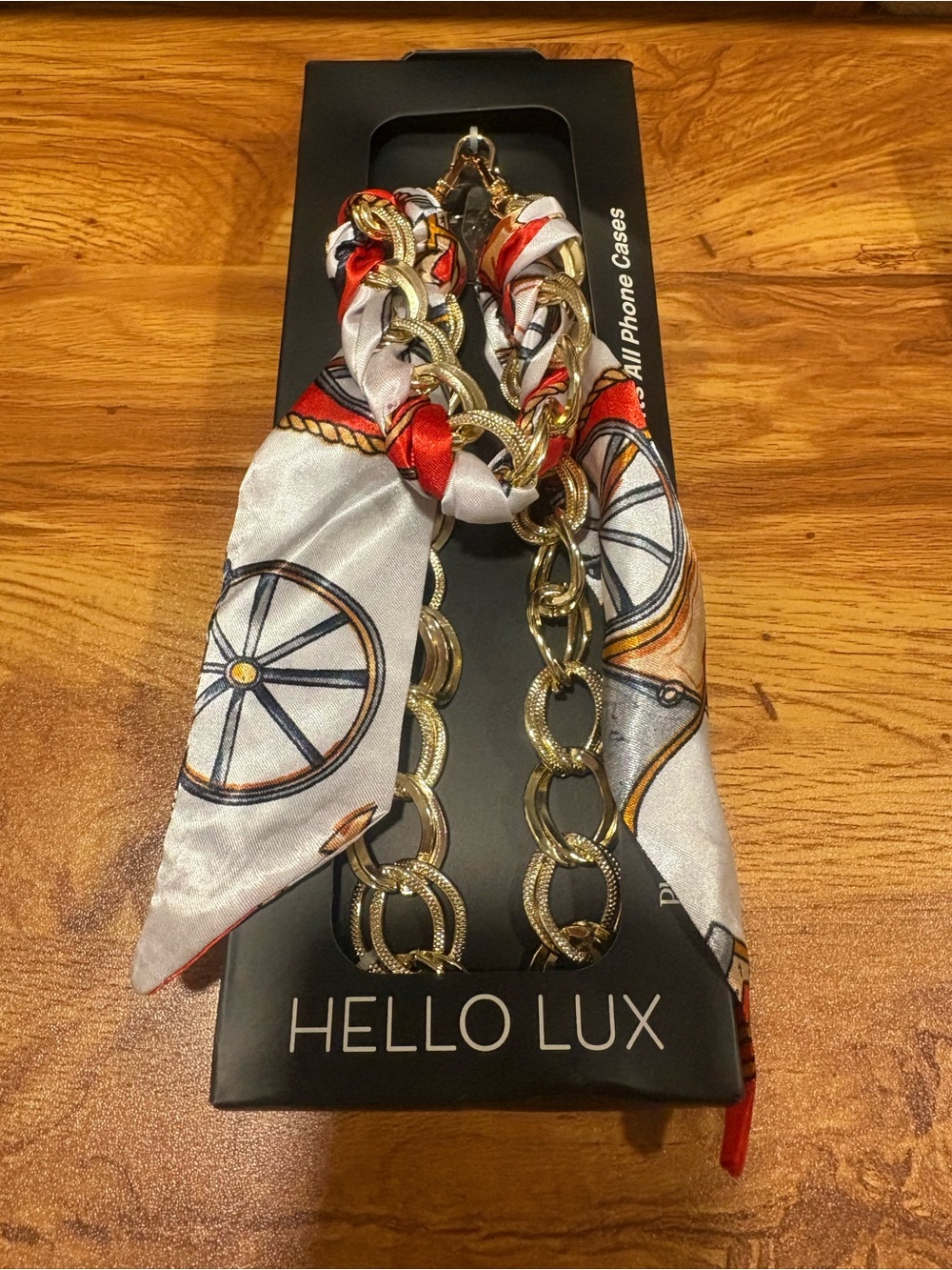 Gold Chain Phone Strap with White and Red Scarf